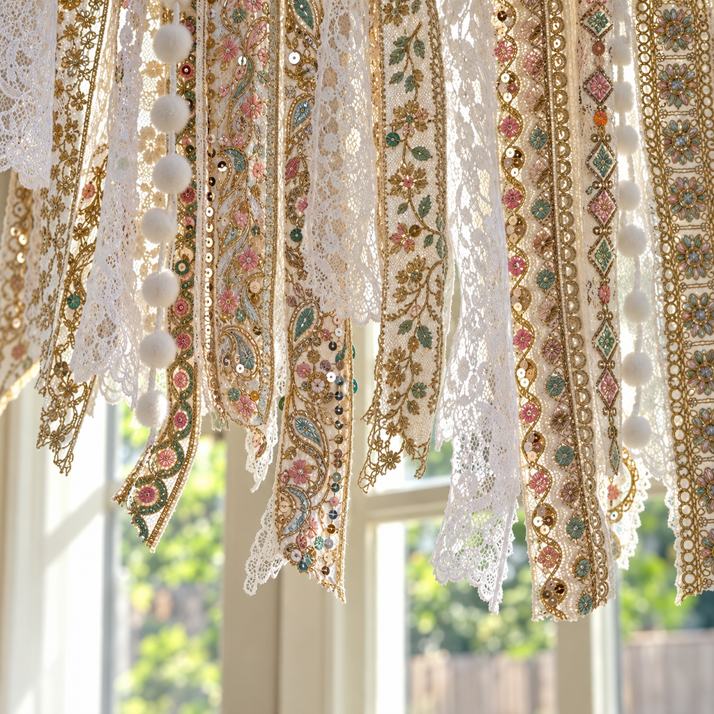 Burlap and Sequin Lace Valance - hem detail