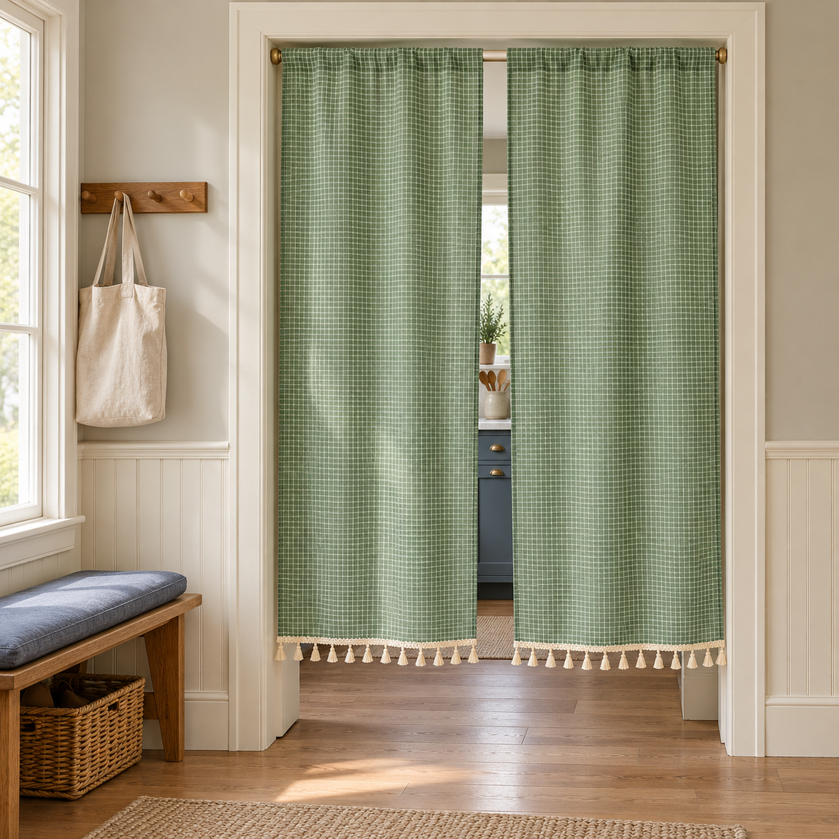 Green Plaid Japanese Noren Curtain - styled product view Main image