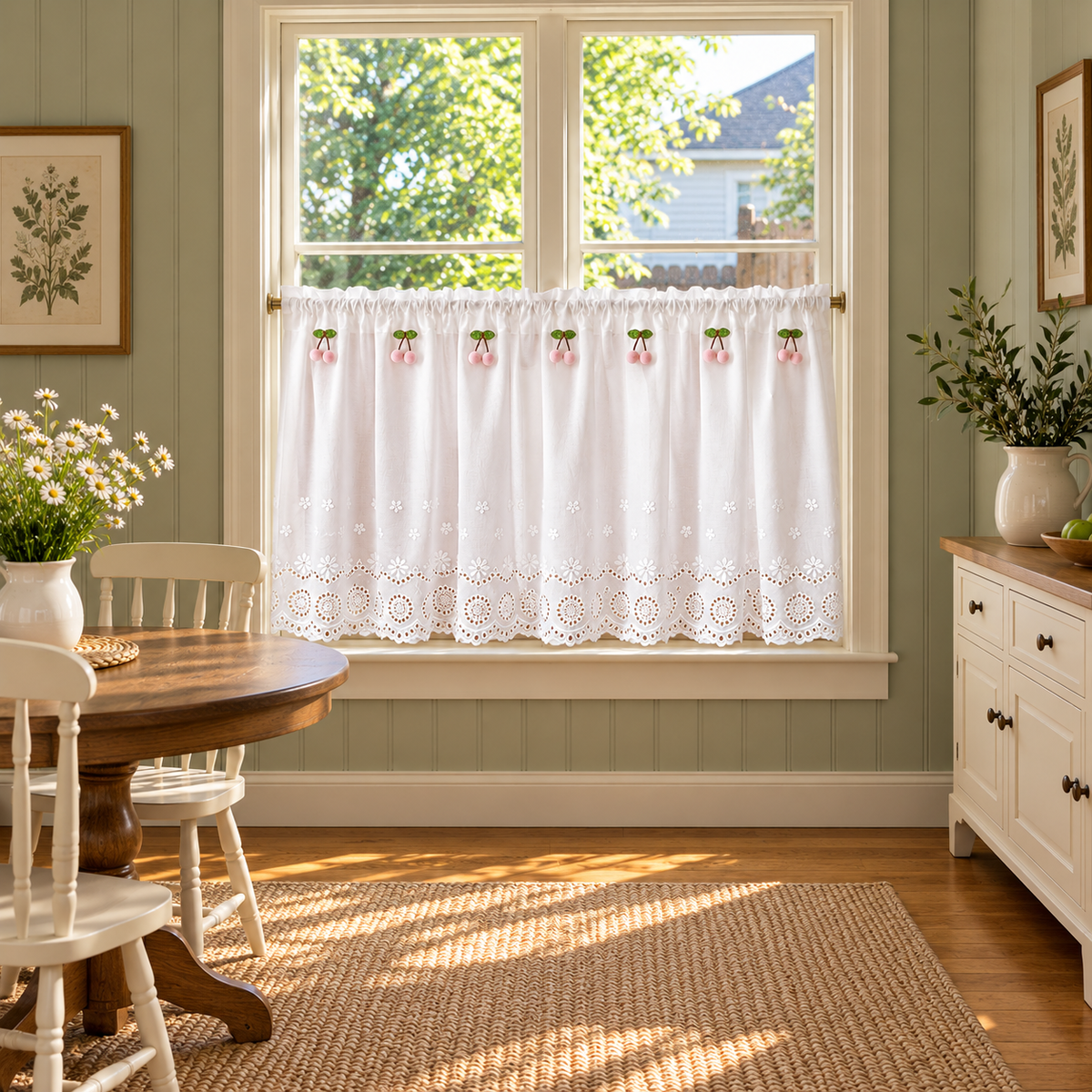 Cherry Embroidered Cotton Cafe Curtain - room setting