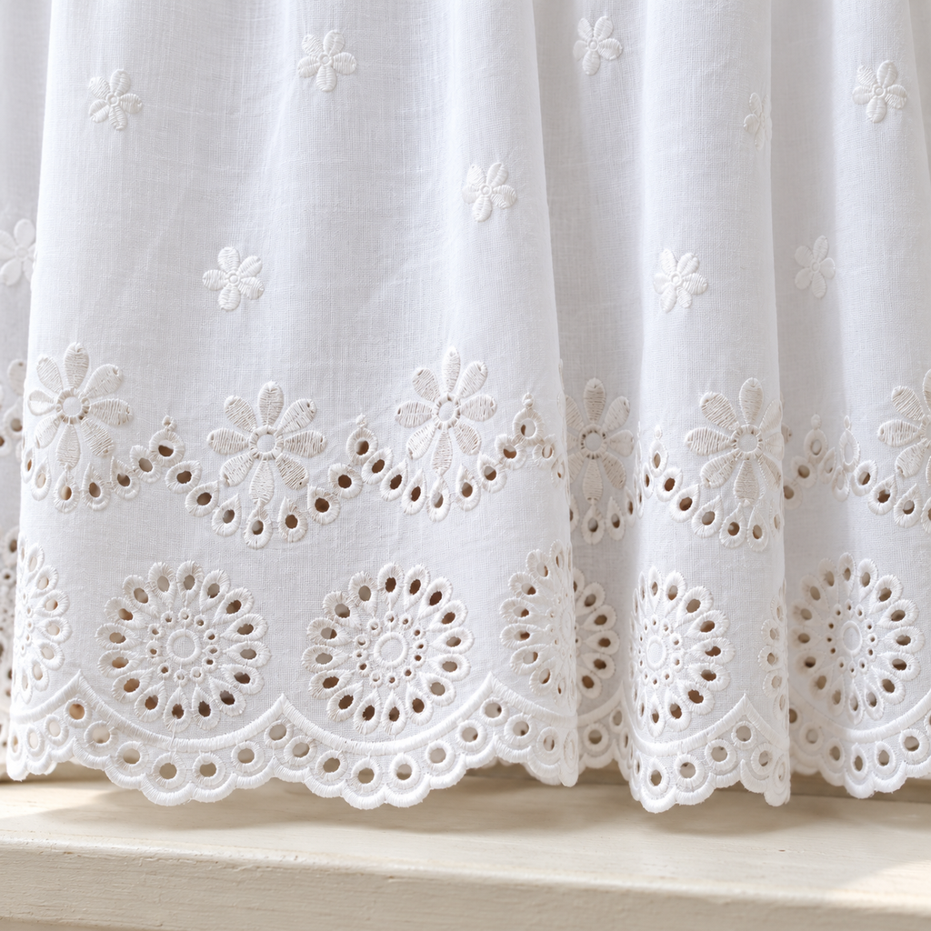 Cherry Embroidered Cotton Cafe Curtain - hem detail