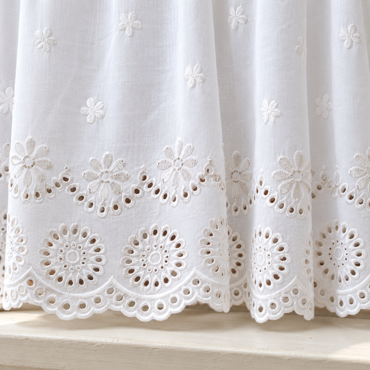 Cherry Embroidered Cotton Cafe Curtain - hem detail