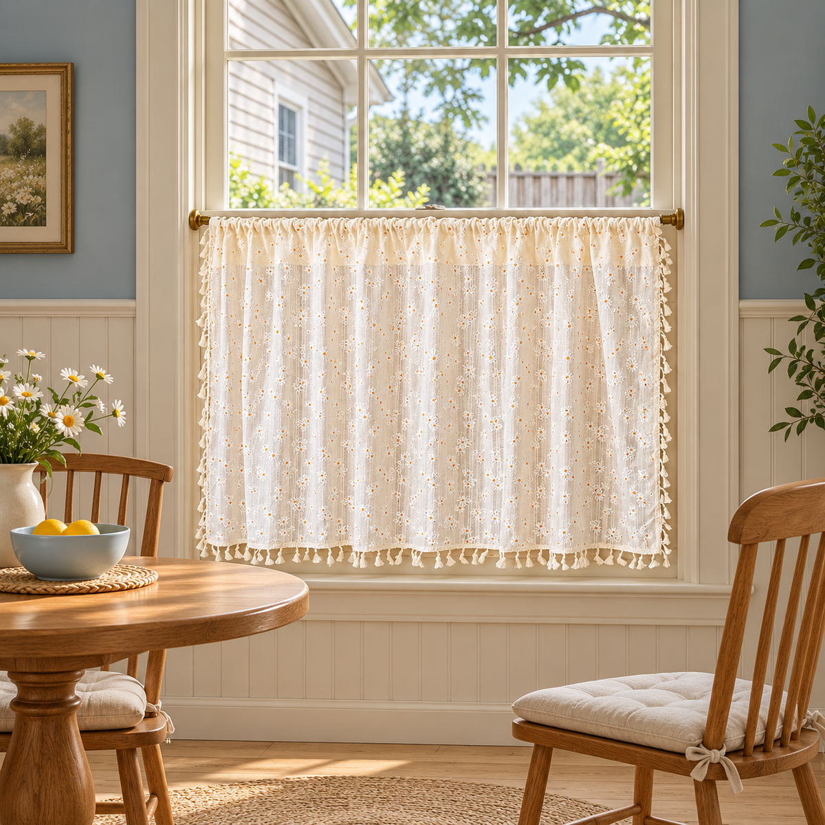 Daisy Floral Cafe Curtain with Tassel Trim - styled product view