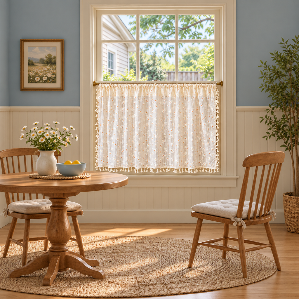 Daisy Floral Cafe Curtain with Tassel Trim - room setting