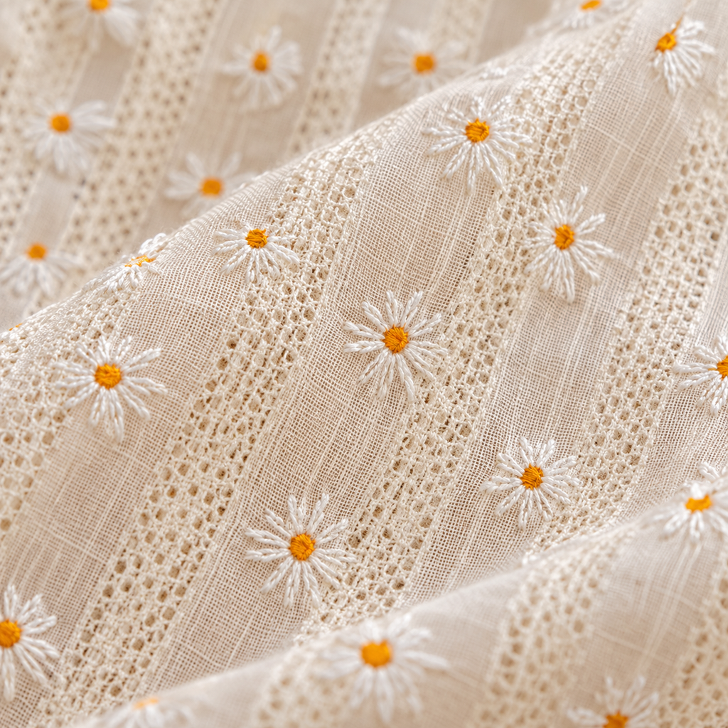 Daisy Floral Cafe Curtain with Tassel Trim - fabric detail