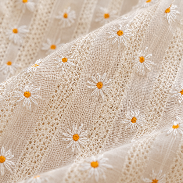 Daisy Floral Cafe Curtain with Tassel Trim - fabric detail