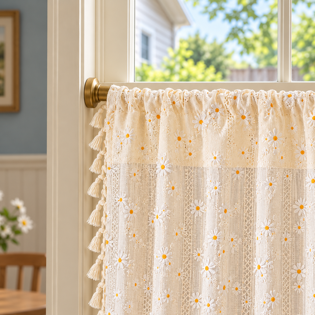 Daisy Floral Cafe Curtain with Tassel Trim - header detail