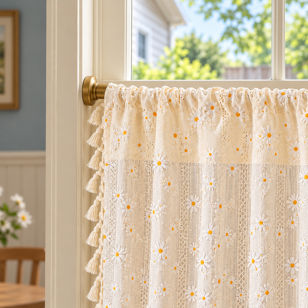 Daisy Floral Cafe Curtain with Tassel Trim - header detail