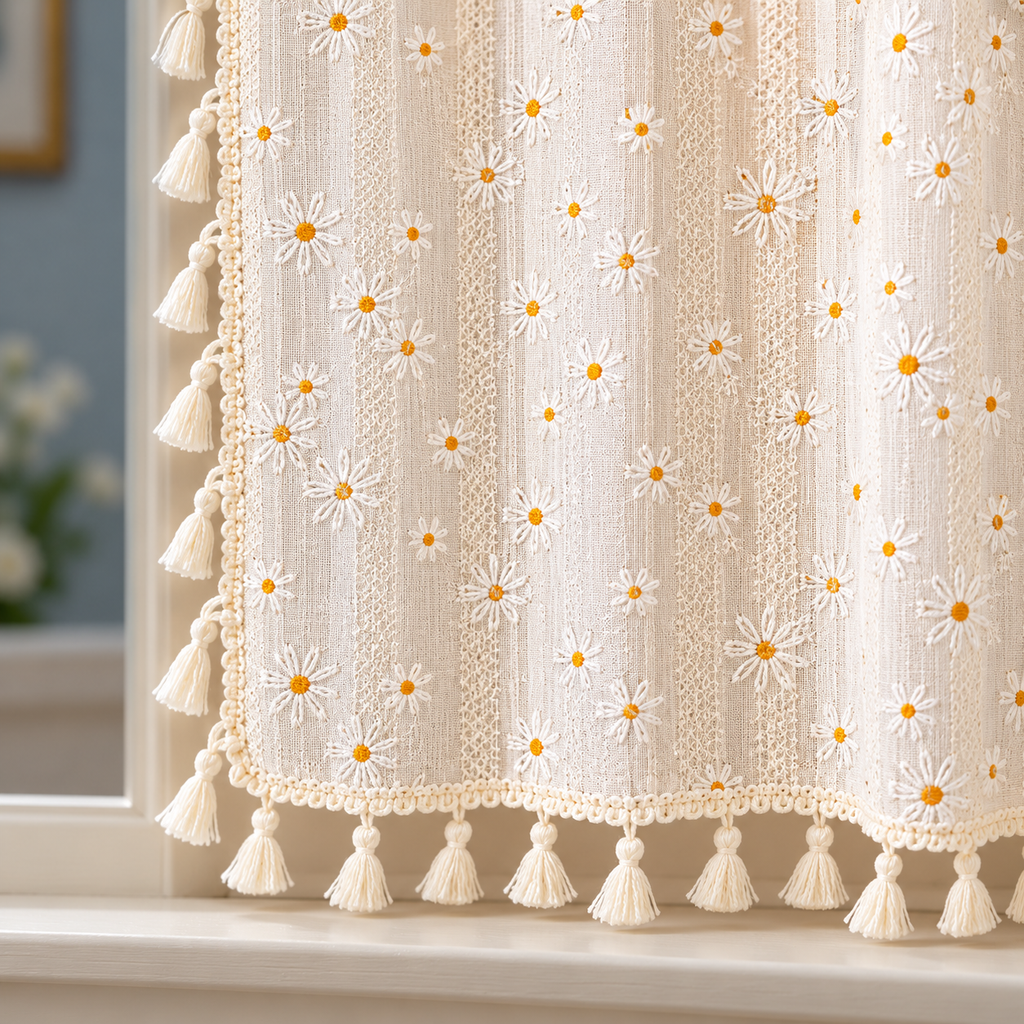 Daisy Floral Cafe Curtain with Tassel Trim - hem detail