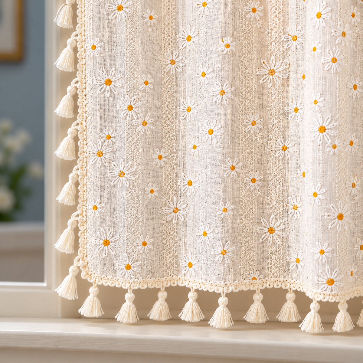 Daisy Floral Cafe Curtain with Tassel Trim - hem detail