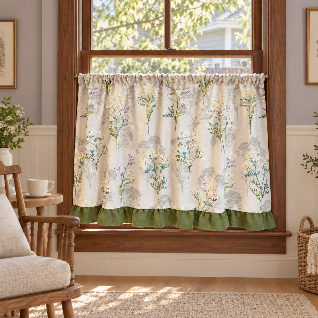 Green Leaf Cafe Curtain with Ruffled Edges - styled product view