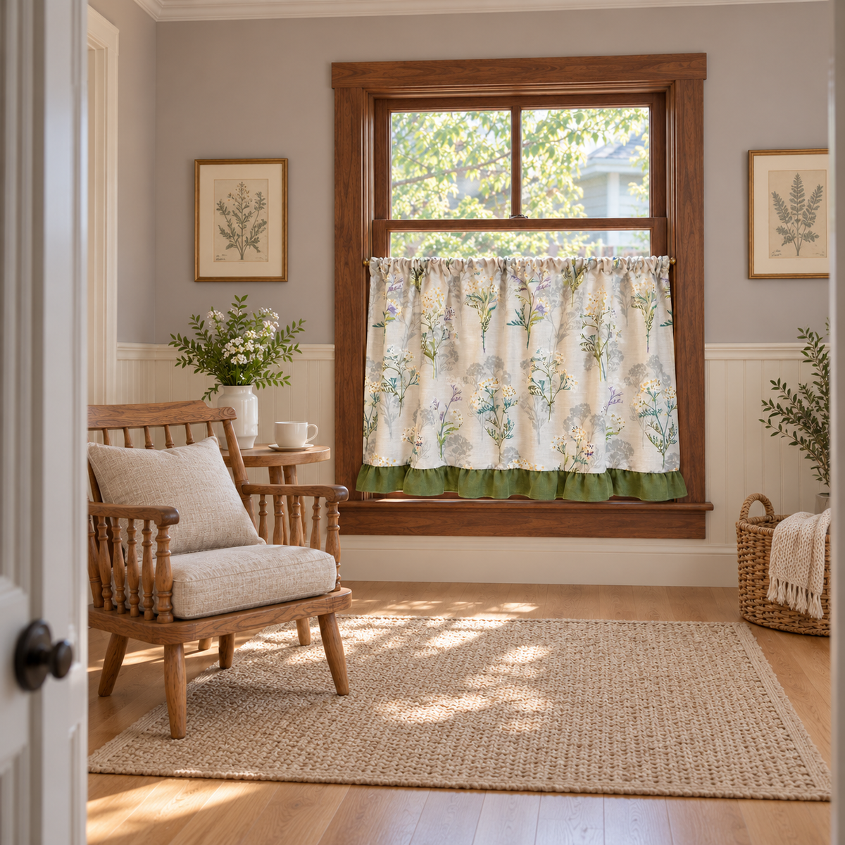 Green Leaf Cafe Curtain with Ruffled Edges - room setting