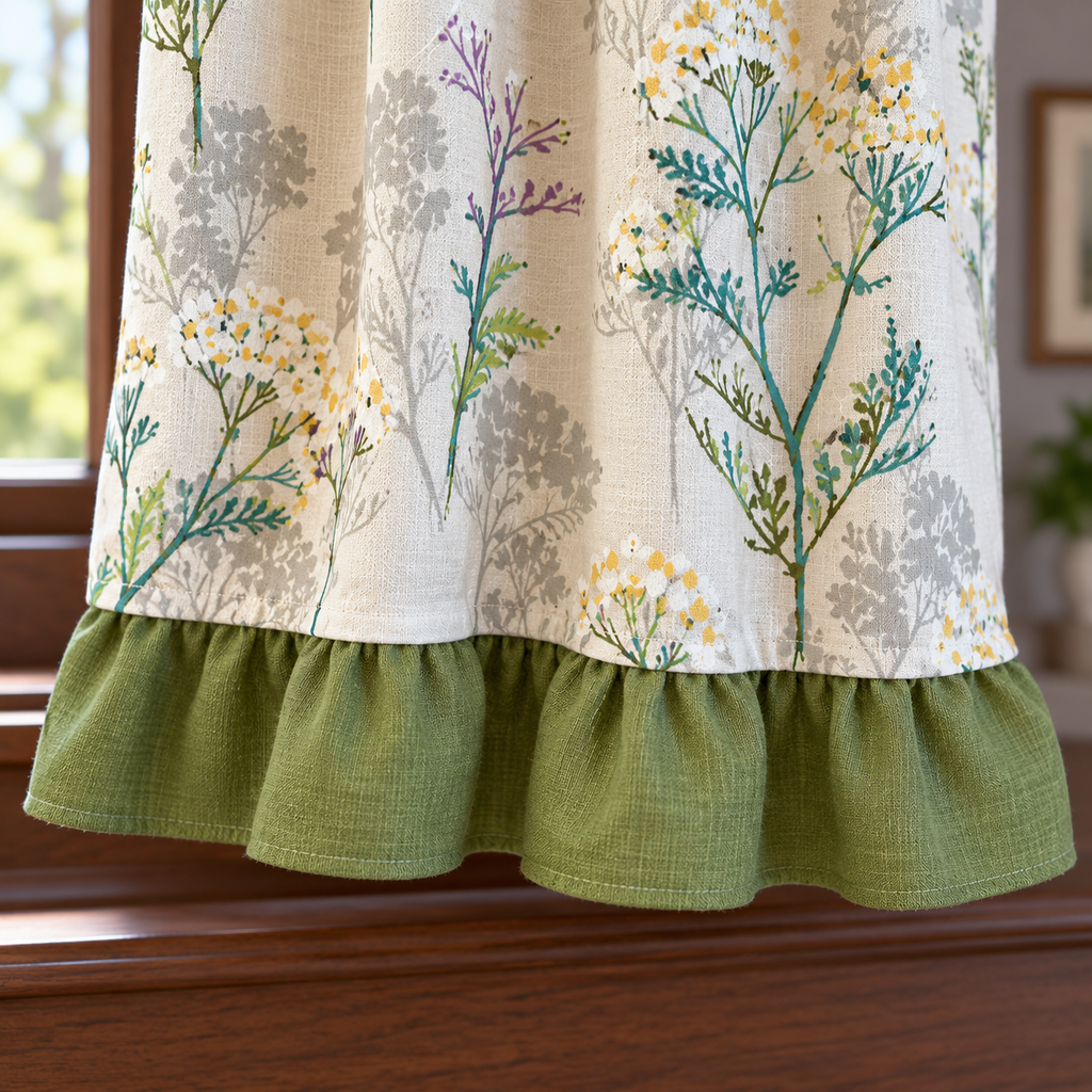Green Leaf Cafe Curtain with Ruffled Edges - hem detail