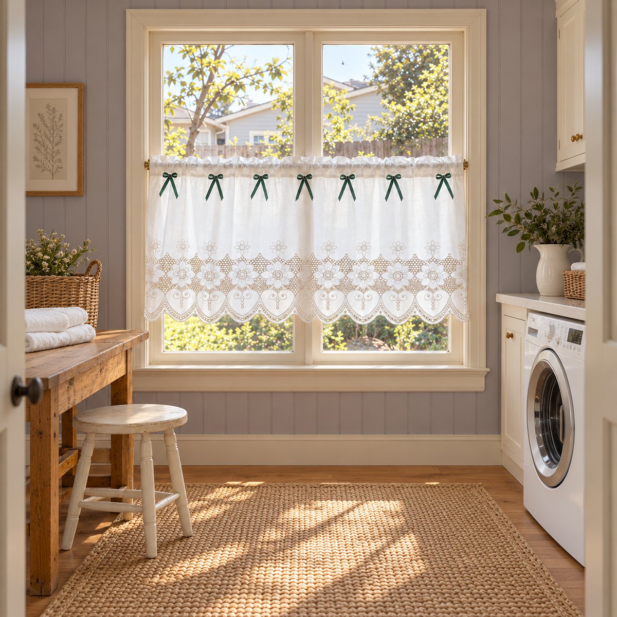 Floral Embroidered Lace Cafe Curtain - room setting
