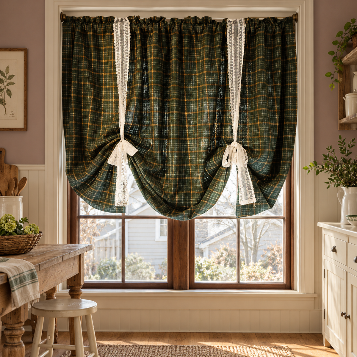 Green Plaid Tie Up Valance: Farmhouse Kitchen Curtain - styled product view Main image