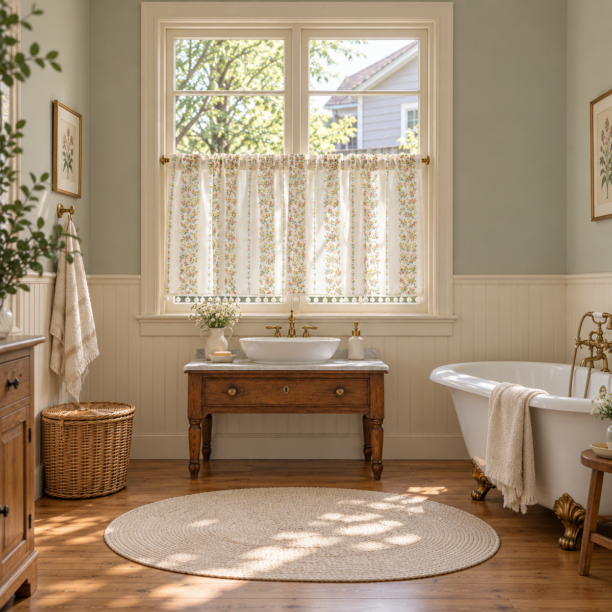 Floral Cafe Curtain with Pompom Trim - room setting