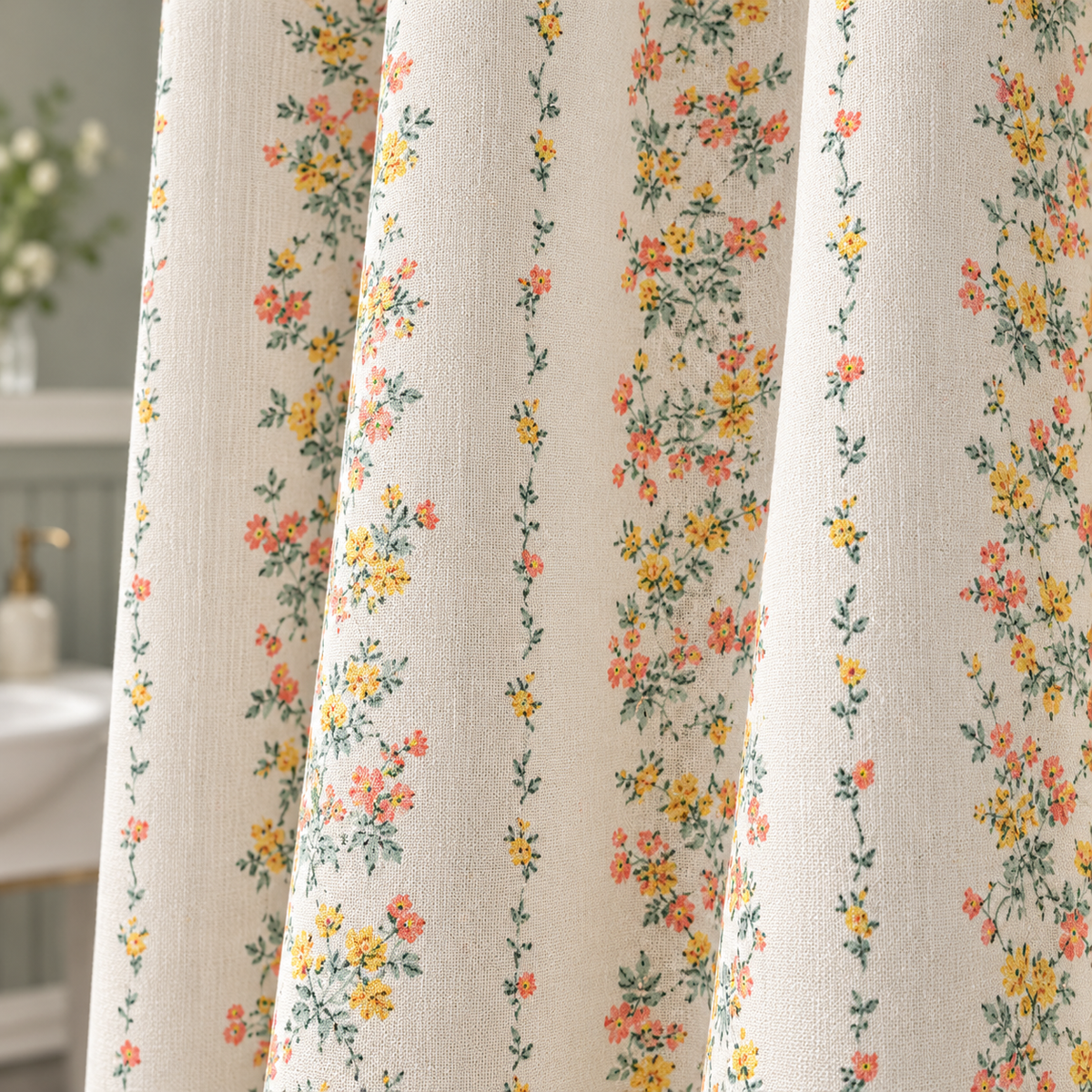 Floral Cafe Curtain with Pompom Trim - fabric detail