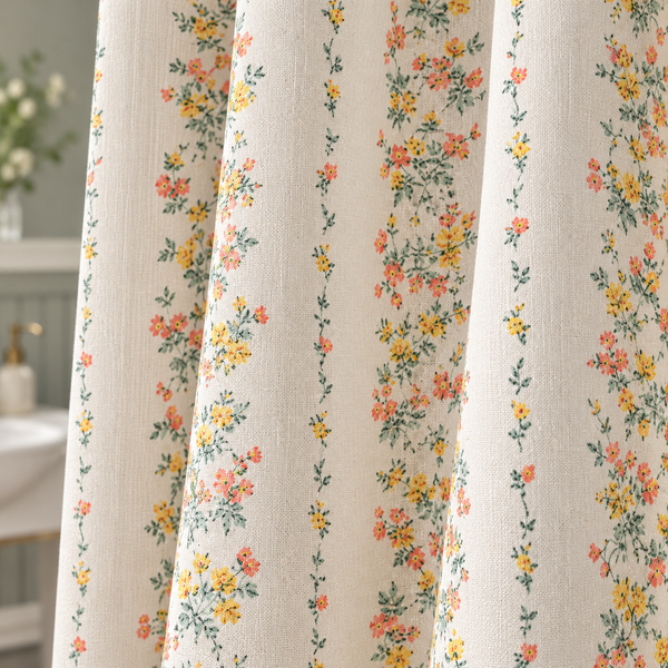 Floral Cafe Curtain with Pompom Trim - fabric detail