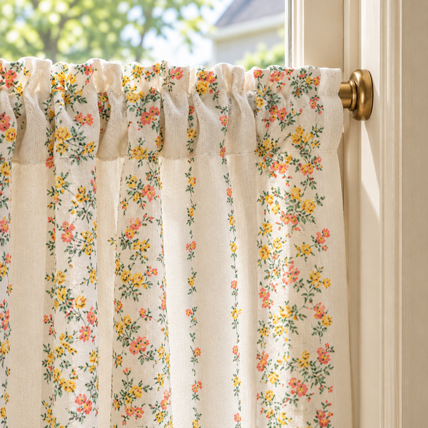 Floral Cafe Curtain with Pompom Trim - header detail