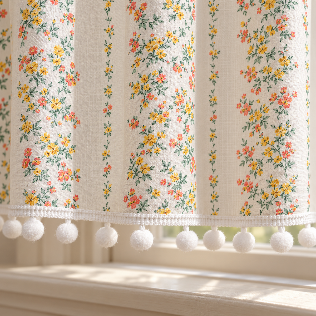 Floral Cafe Curtain with Pompom Trim - hem detail