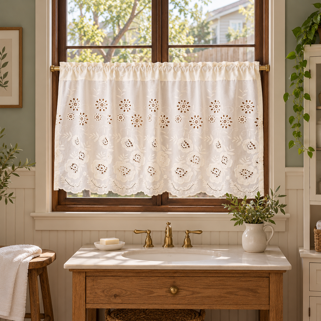 French Floral Embroidered Cafe Curtain - styled product view