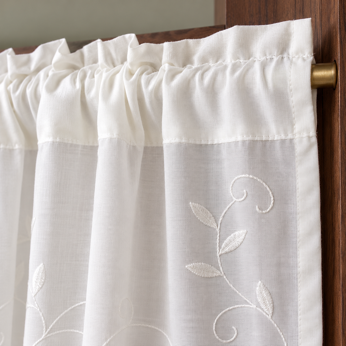 French Floral Embroidered Cafe Curtain - header detail