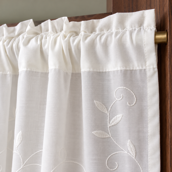 French Floral Embroidered Cafe Curtain - header detail