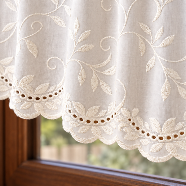French Floral Embroidered Cafe Curtain - hem detail