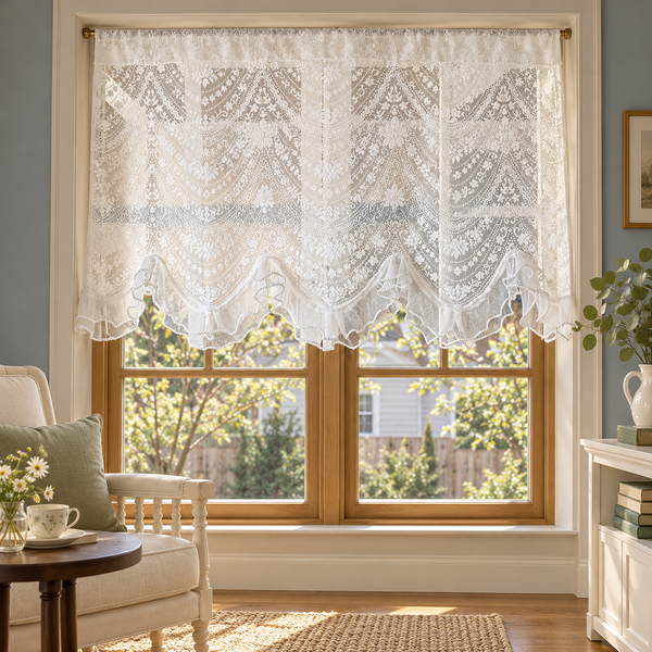 White Embroidered Lace Cafe Curtain - styled product view