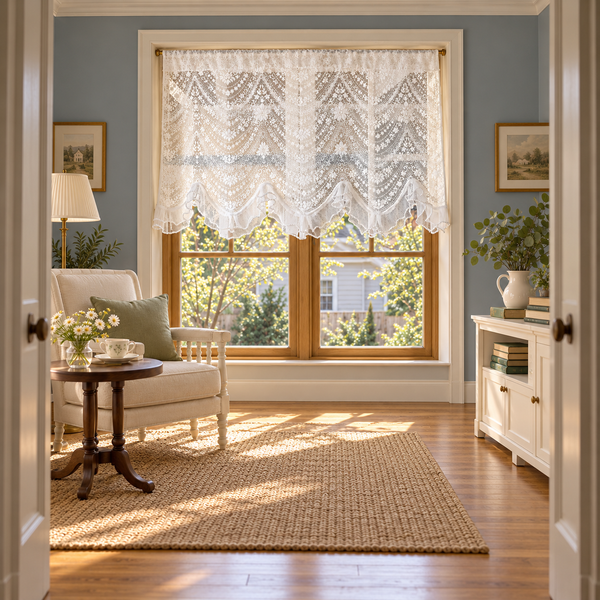 White Embroidered Lace Cafe Curtain - room setting