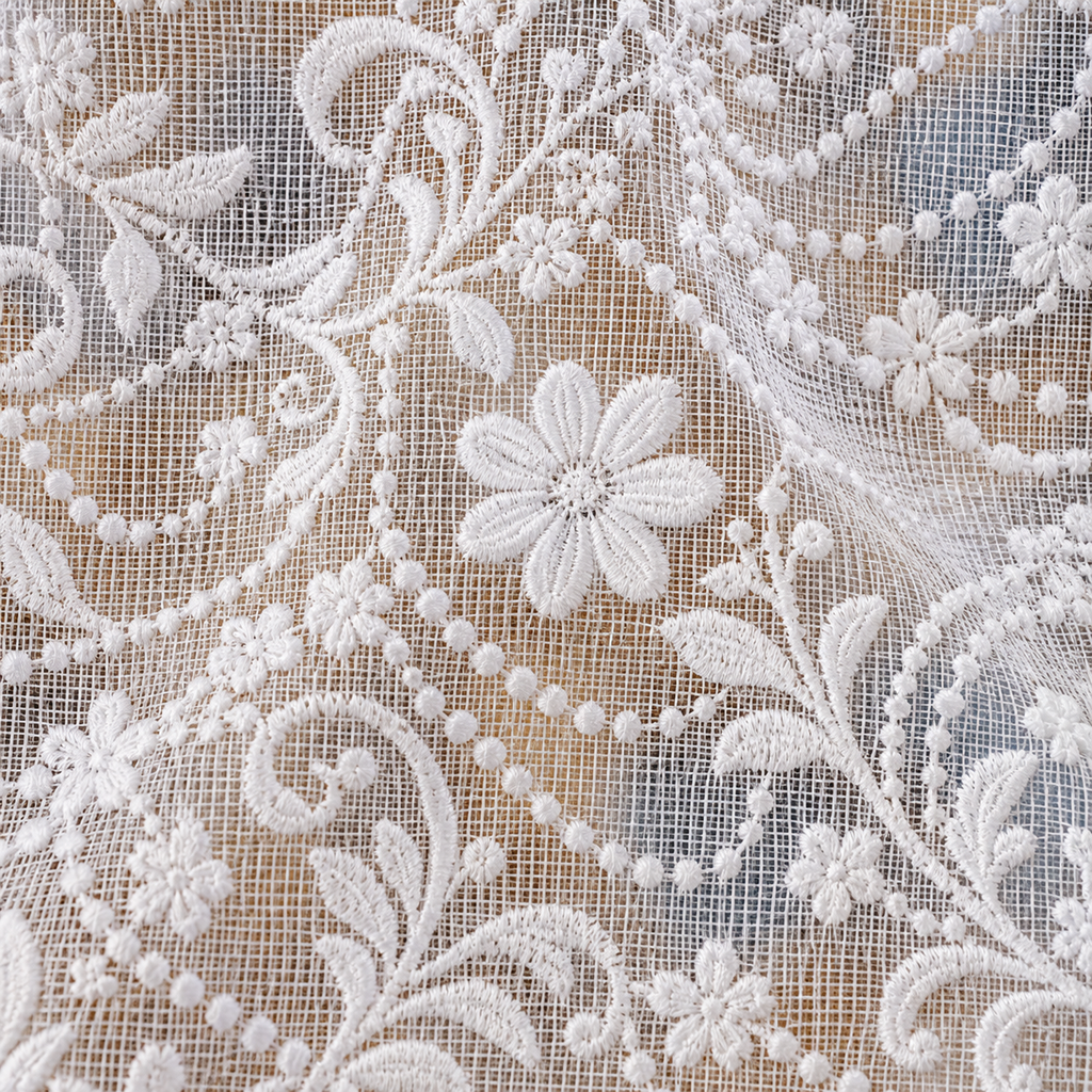 White Embroidered Lace Cafe Curtain - fabric detail