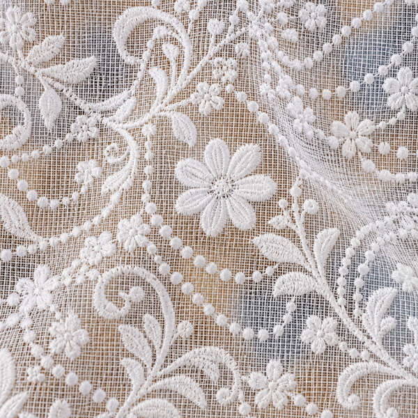 White Embroidered Lace Cafe Curtain - fabric detail