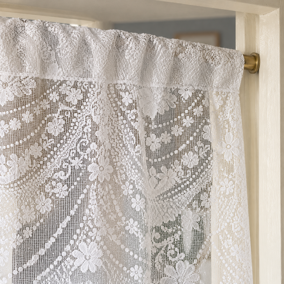 White Embroidered Lace Cafe Curtain - header detail