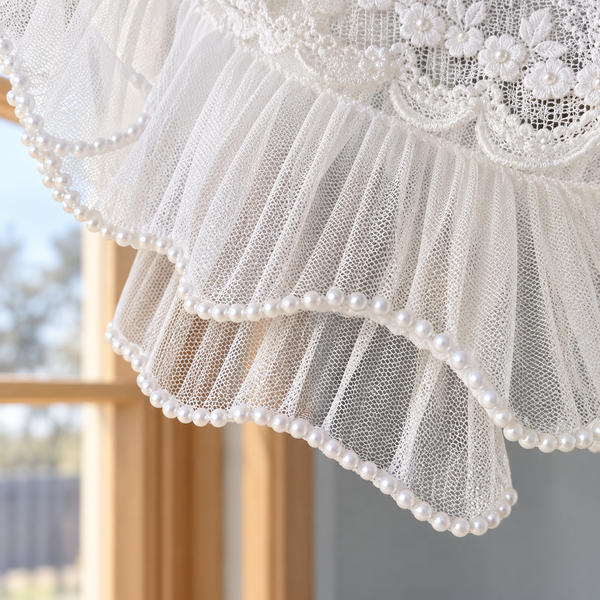 White Embroidered Lace Cafe Curtain - hem detail