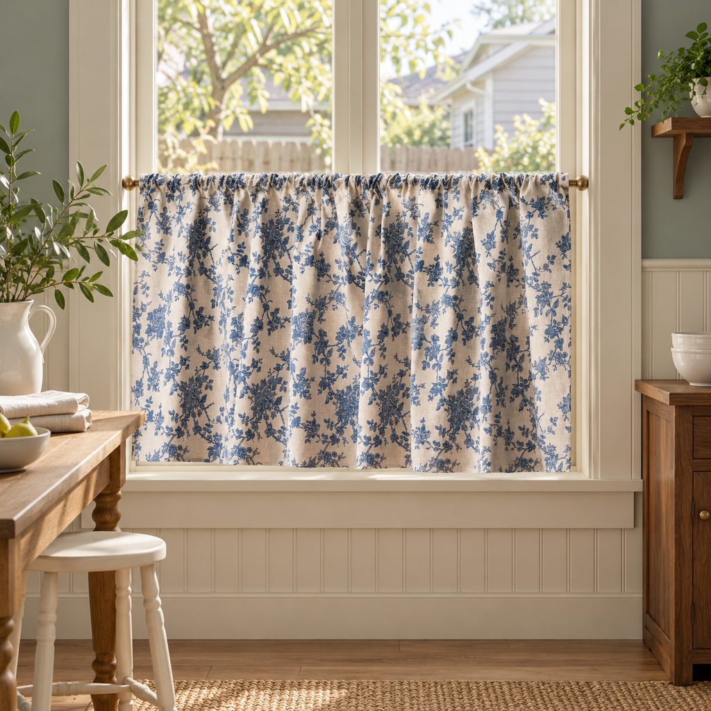 Blue Rose Cabinet Curtain - styled product view