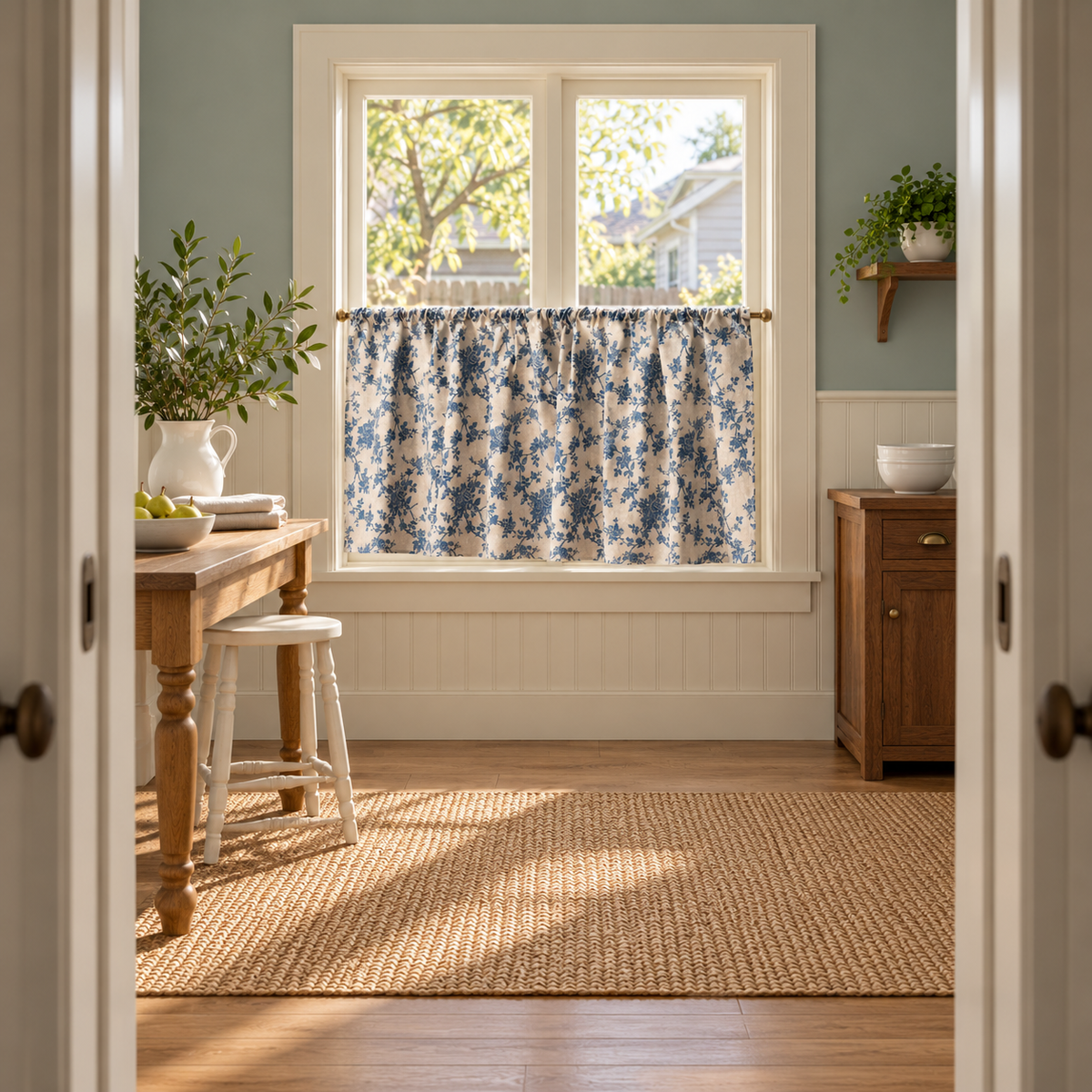 Blue Rose Cabinet Curtain - room setting