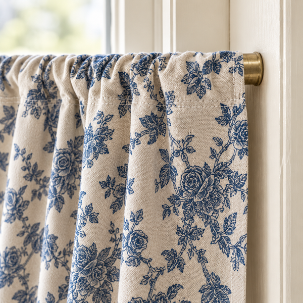 Blue Rose Cabinet Curtain - header detail