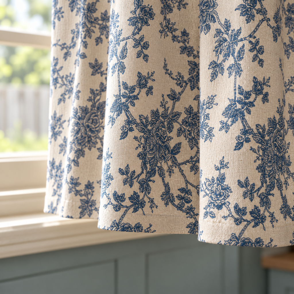 Blue Rose Cabinet Curtain - hem detail