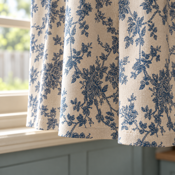 Blue Rose Cabinet Curtain - hem detail