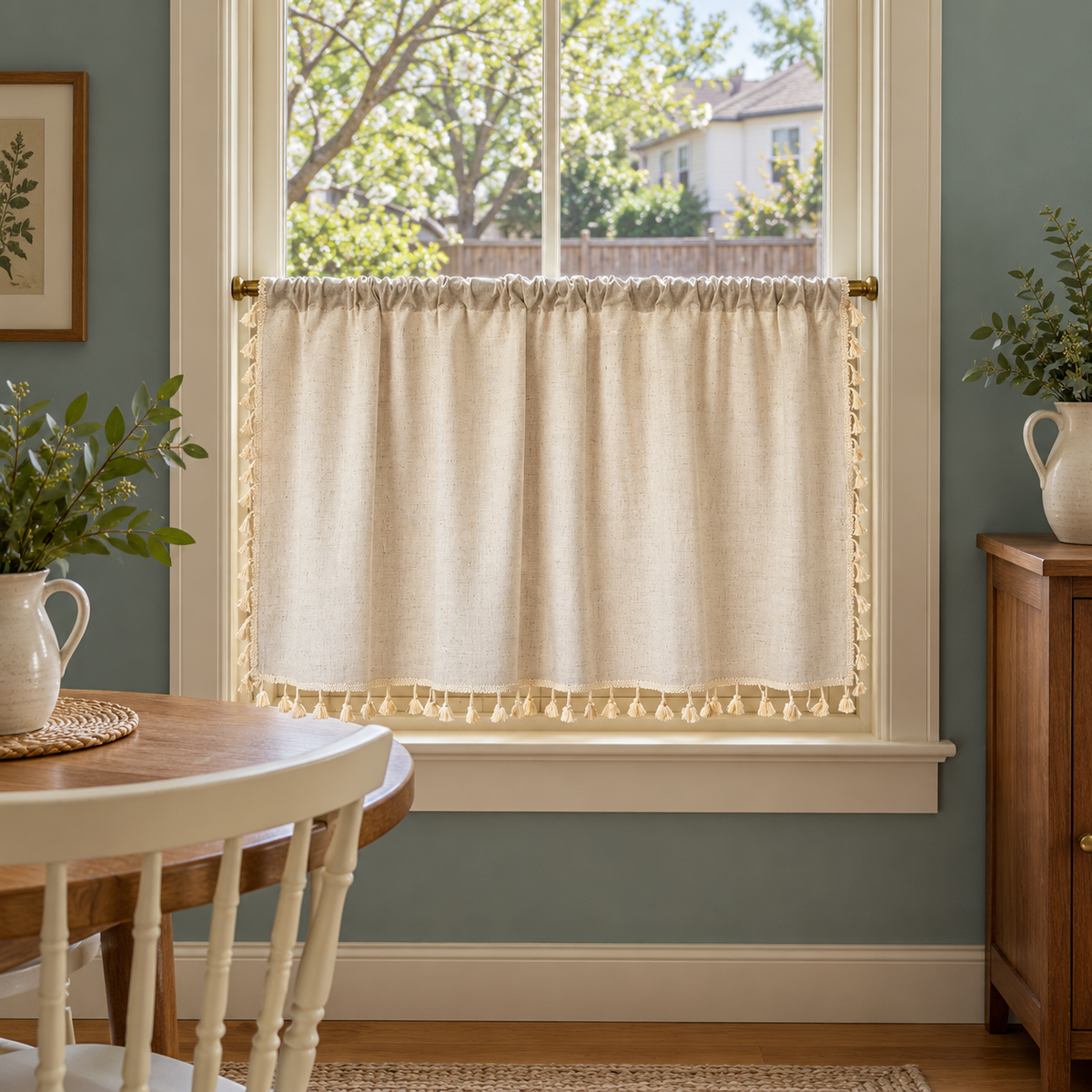 Cotton Linen Cafe Curtain: Boho Farmhouse Style - styled product view Main image