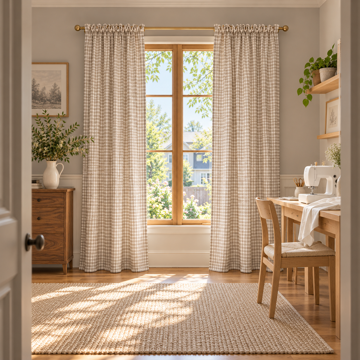 2 Panels Plaid Light Brown Gingham Curtain Secondary image