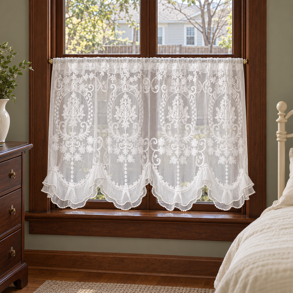 White Floral Embroidered Rod-Pocket Cafe Curtain - styled product view