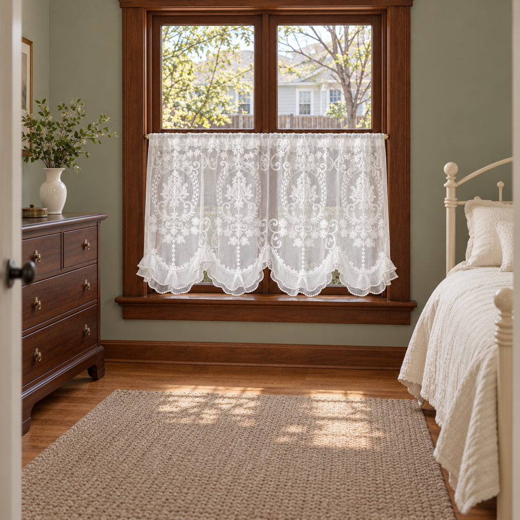 White Floral Embroidered Rod-Pocket Cafe Curtain - room setting