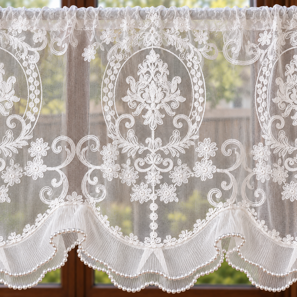 White Floral Embroidered Rod-Pocket Cafe Curtain - fabric detail
