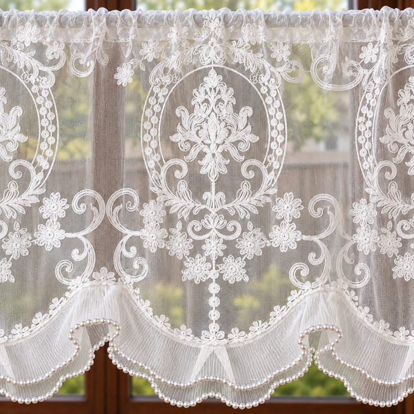 White Floral Embroidered Rod-Pocket Cafe Curtain - fabric detail