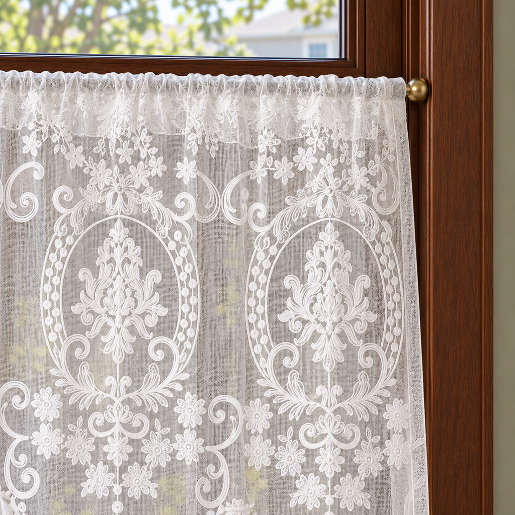 White Floral Embroidered Rod-Pocket Cafe Curtain - header detail