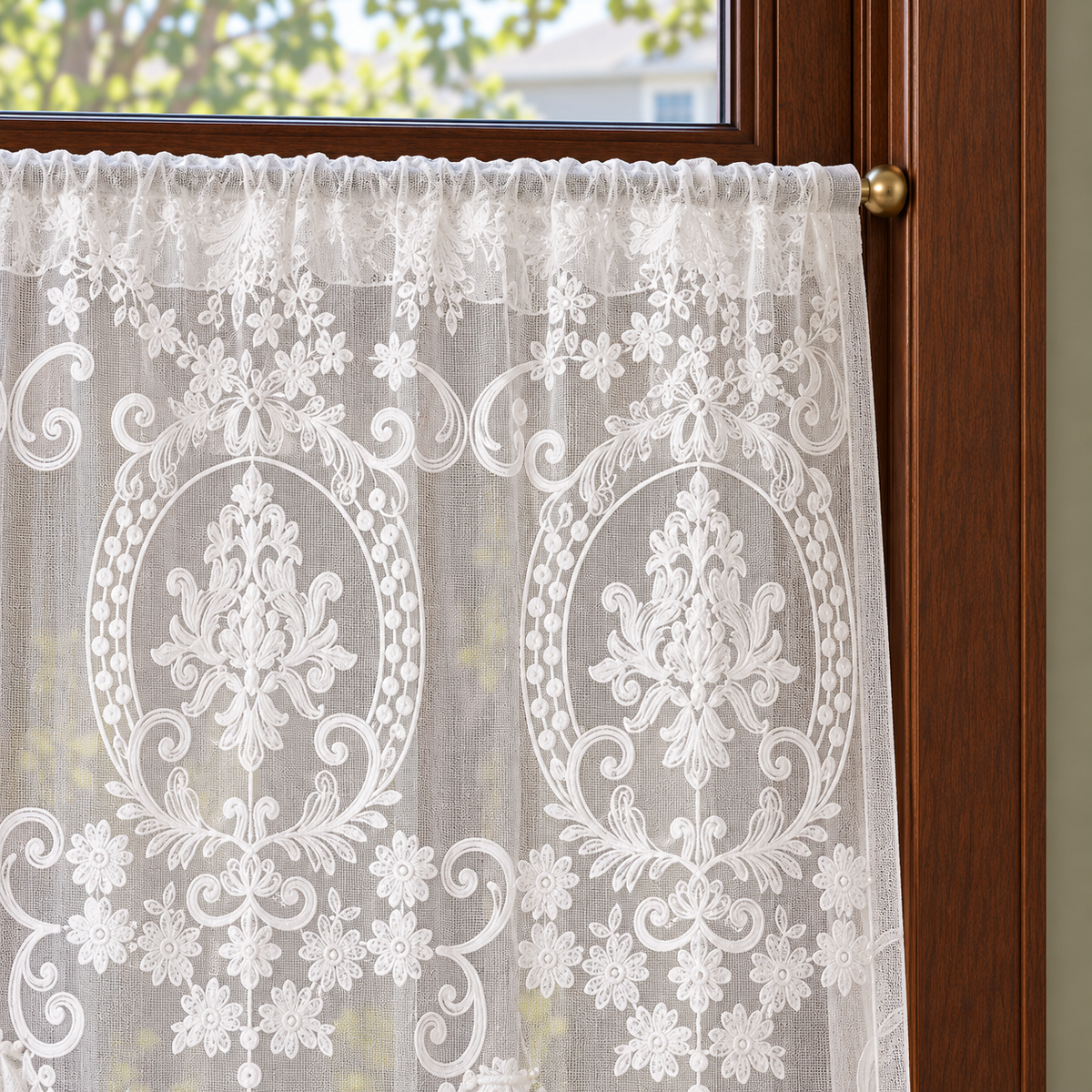 White Floral Embroidered Rod-Pocket Cafe Curtain - header detail