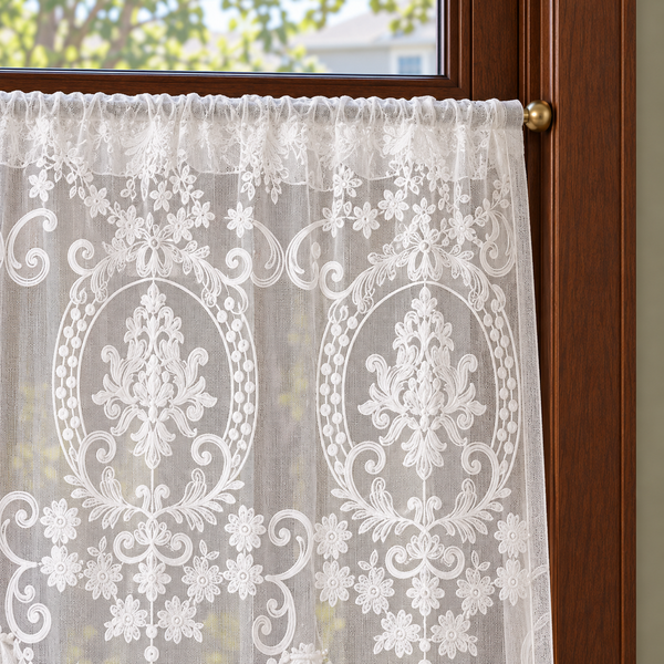 White Floral Embroidered Rod-Pocket Cafe Curtain - header detail