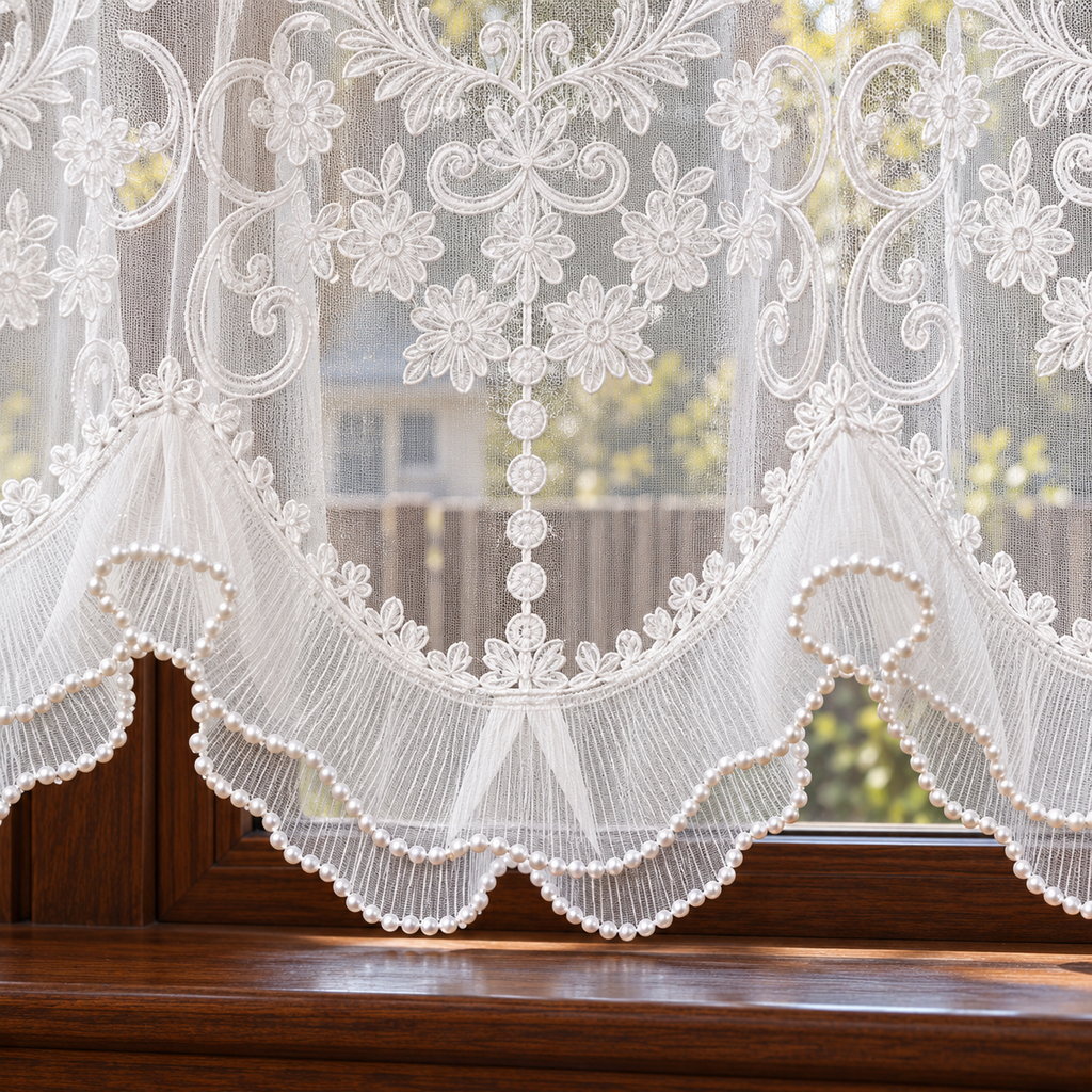 White Floral Embroidered Rod-Pocket Cafe Curtain - hem detail