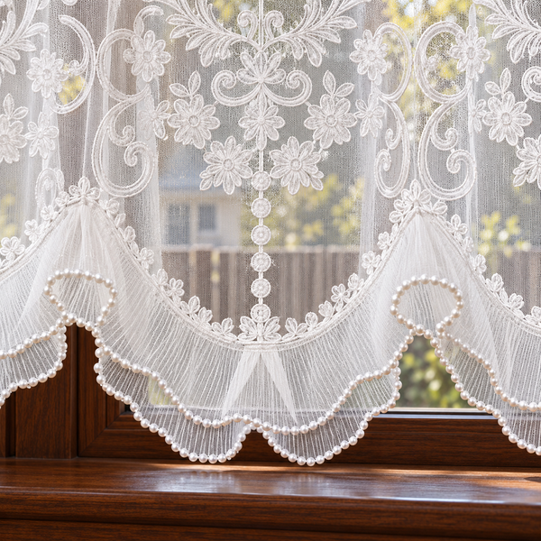 White Floral Embroidered Rod-Pocket Cafe Curtain - hem detail