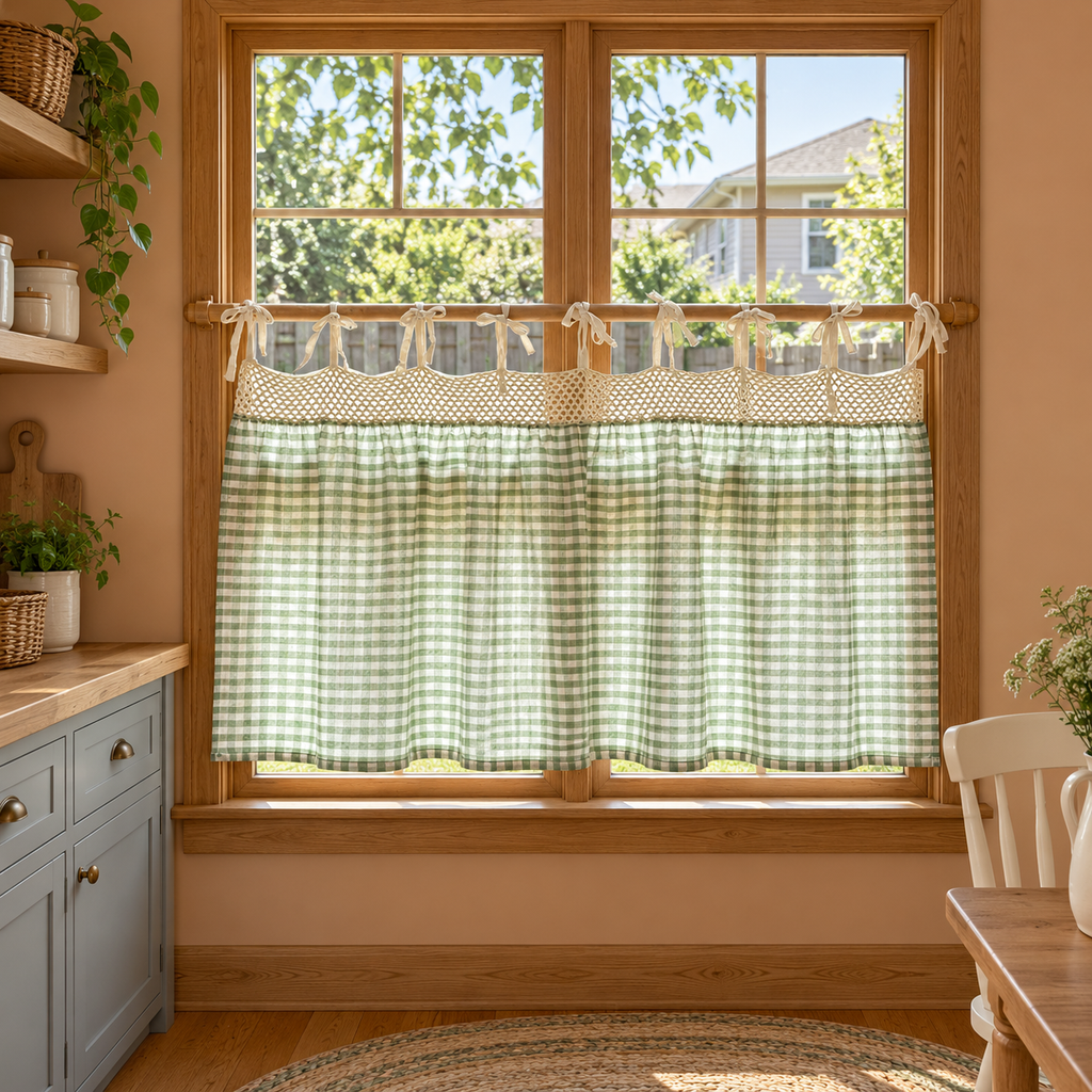 Green Gingham Tie-Top Curtain Panel - styled product view